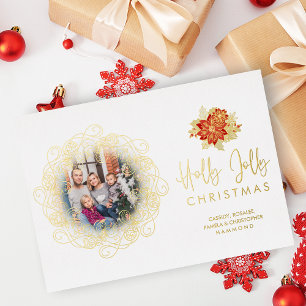 Carte De Vœux En Aluminium Élégante Photo de Noël avec Ornement Doré et Flour
