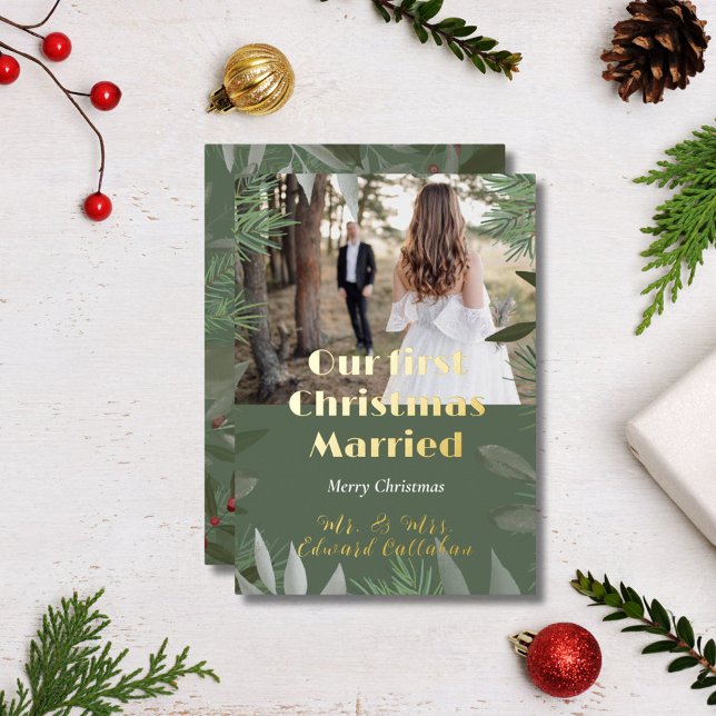 Carte De Vœux En Aluminium Élégante photo nuptiale verte 1er Noël Marié (Créateur téléchargé)