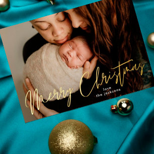Carte De Vœux En Aluminium Élégante Photo Poinçonnée Or Joyeux Noël
