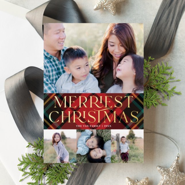 Carte De Vœux En Aluminium Elégante Red Tartan Noël Photo Real Foil Card (Créateur téléchargé)