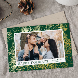 Carte De Vœux En Aluminium Élégantes Poinsettias et Cônes de Pin Verts Photo