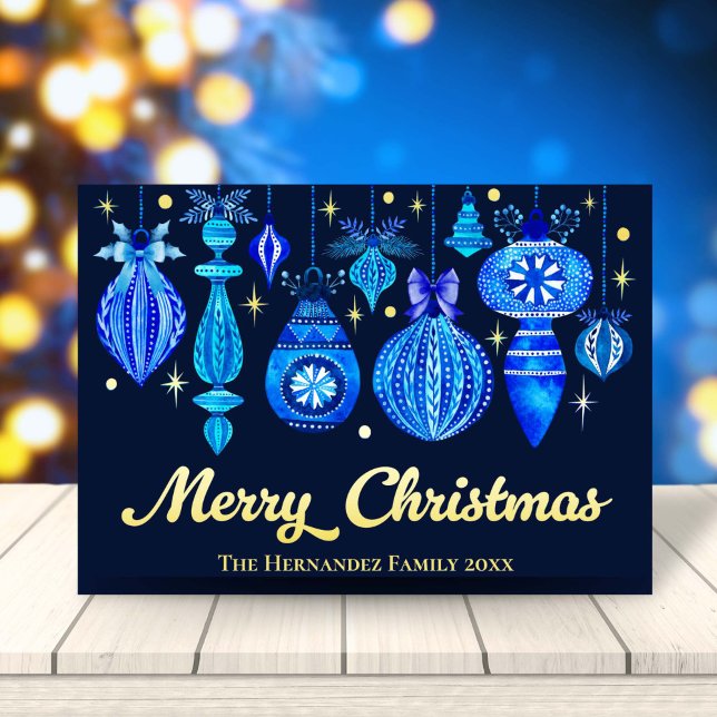 Carte De Vœux En Aluminium Élégants ornements de Noël Marine Bleu Aquarelle (Elegant Christmas Ornaments Navy Blue Watercolor Foil Holiday Card)