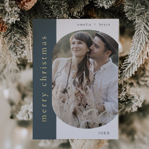 Carte De Vœux En Aluminium EMELIA Blue Gold Foil Oval Photo Joyeux Noël