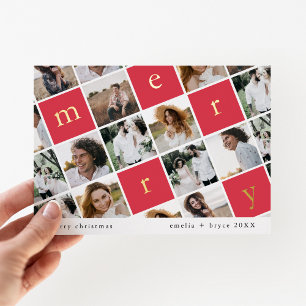 Carte De Vœux En Aluminium EMELIA Gold Foil Famille Rouge Multi Photo Noël