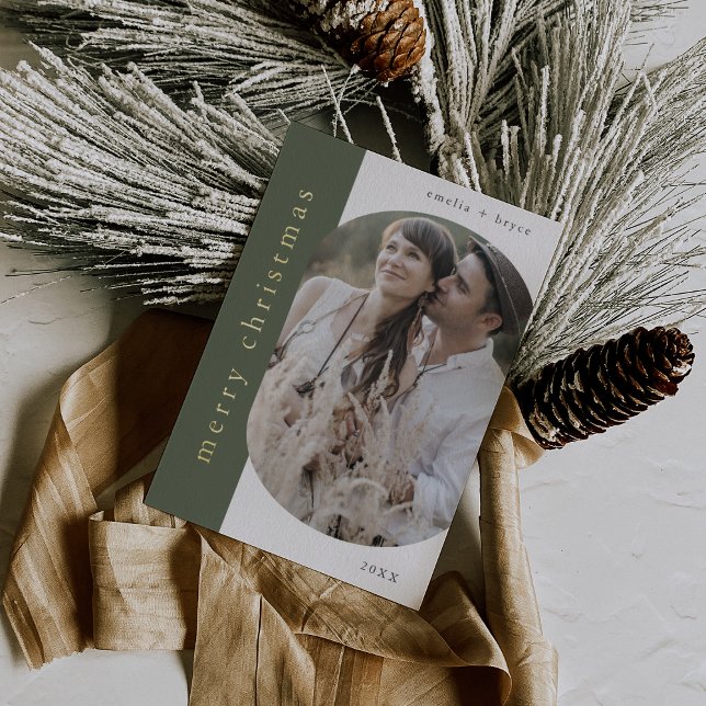 Carte De Vœux En Aluminium EMELIA Green Gold Foil Oval Photo Joyeux Noël (EMELIA Green Gold Foil Oval Photo Merry Christmas Foil Holiday Card)