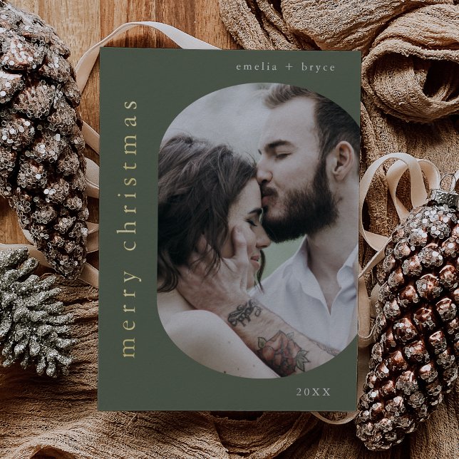 Carte De Vœux En Aluminium EMELIA Green Gold Foil Photo Joyeux Noël (EMELIA Green Gold Foil Photo Merry Christmas Foil Holiday Card)