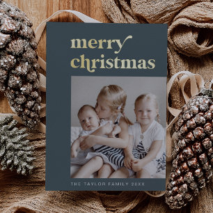 Carte De Vœux En Aluminium EMERY Blue Gold Foil Retro Photo Vintage Noël