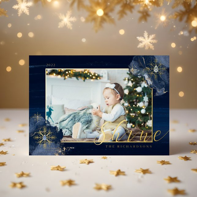 Carte De Vœux En Aluminium Encre aquarelle marine élégante et photo de bijou  (Elegant Navy Watercolor Ink & Golden Jewel Photo Foil Holiday Card)