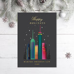 Carte De Vœux En Aluminium Entreprise Bureau Ville Skyline Entreprise<br><div class="desc">Customisez avec votre logo ou message pour la saison des fêtes. Illustration d'origine de l'horizon urbain par Becky Nimoy. Option pour photo sur le dos ou supprimer comme souhaité. Accents de feuille d'or,  3 types de feuille disponibles. Également disponible en encre plate,  pas de feuille.</div>