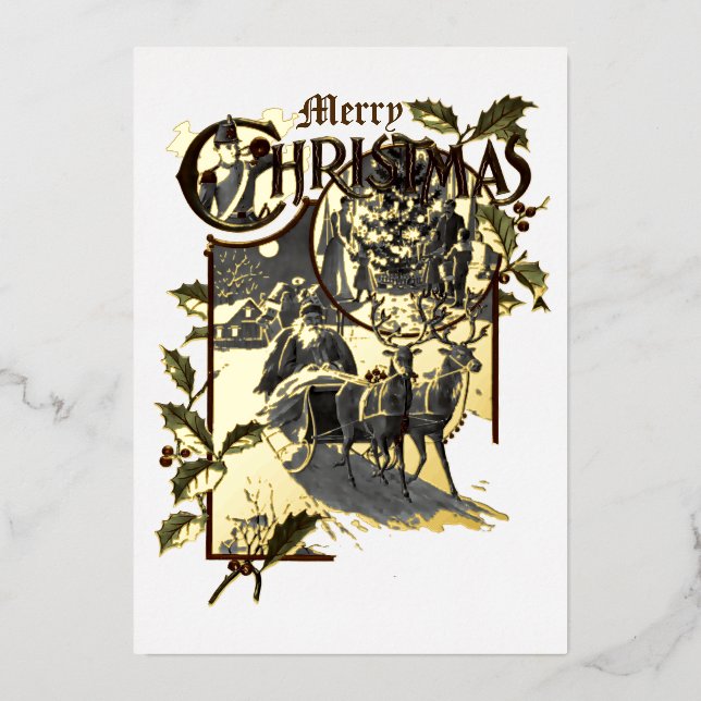 Carte De Vœux En Aluminium Époque victorienne 1899 Père Noël et rennes (Recto)