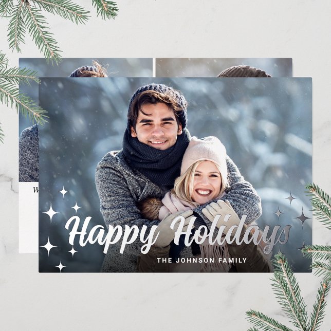 Carte De Vœux En Aluminium Étincelle Noël 3 PHOTO Salutation Argent (Customizable Christmas holiday greeting photo card with real foil print.)