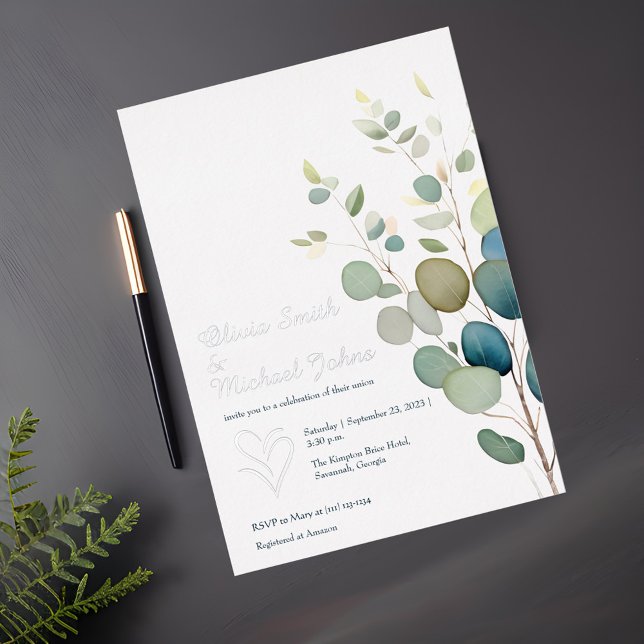 Carte De Vœux En Aluminium Eucalyptus verdure Faire-part de mariage d'argent (Créateur téléchargé)