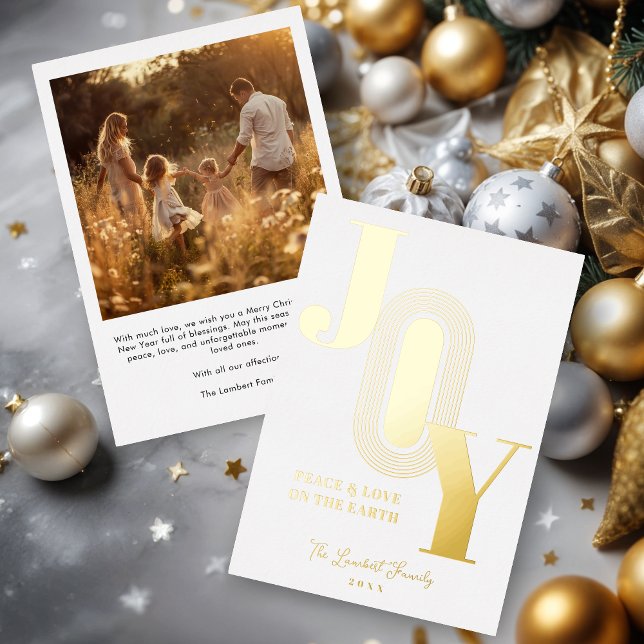 Carte De Vœux En Aluminium Exquisite Golden Modern JOY Metallic Christmas (Exquisite Golden Modern JOY Metallic Foil Christmas Holiday Cards with Family Photo on Back.)