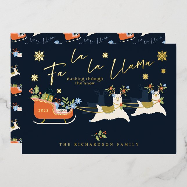 Carte De Vœux En Aluminium Fa La Christmas Llama Reindeers & Sleigh Toxits (Recto/Verso)