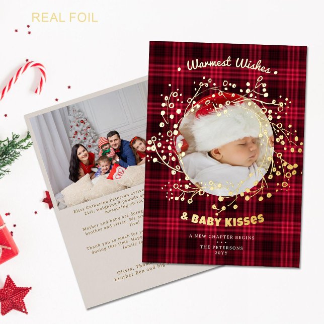 Carte De Vœux En Aluminium Faire part bébé plaid rouge cosy (rustic red plaid whimsical gold wreath baby announcement family christmas card two photos rustic)