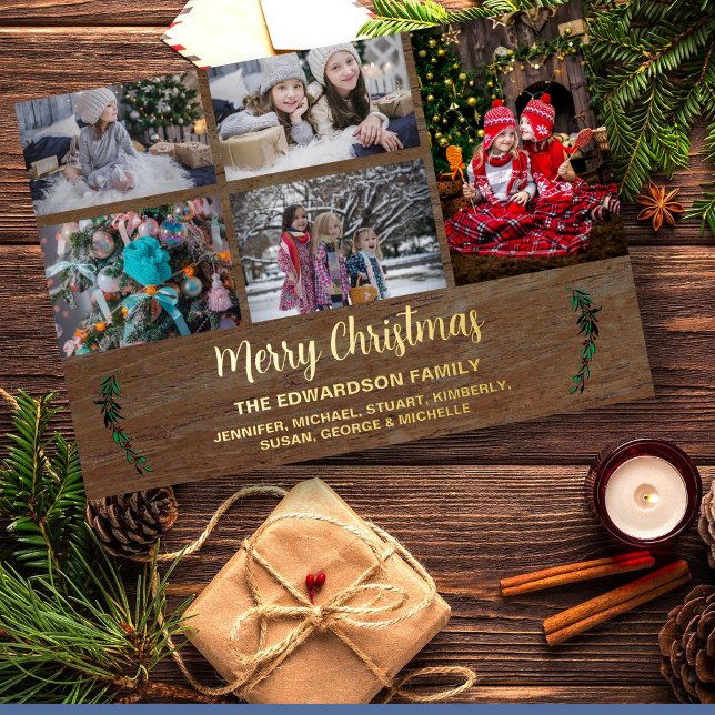Carte De Vœux En Aluminium Faites votre propre collage de famille feuille rus (Create your own rustic wood, family photo collage, Merry Christmas foil holiday card.)
