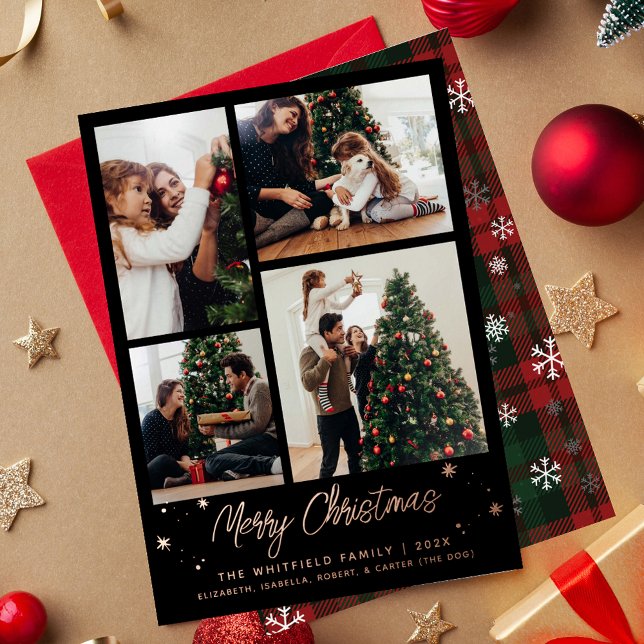 Carte De Vœux En Aluminium Famille de Noël Collage photo Plaid Rose Gold (Rustic Plaid Christmas Multi Photo Family Rose Gold Greetings Card)