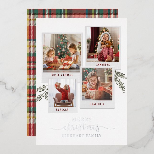 Carte De Vœux En Aluminium Famille de Noël Collage photo Plaid Rustic Silver (Recto/Verso)