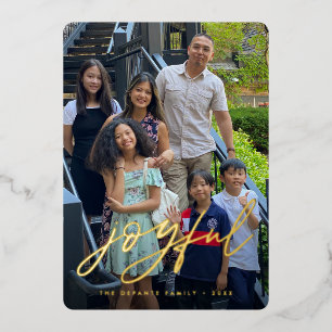 Carte De Vœux En Aluminium Famille de photo verticale Joyful Script Noël