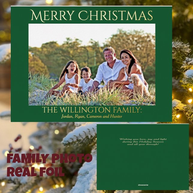 Carte De Vœux En Aluminium Famille Green Gold Photo Joyeux Noël (Créateur téléchargé)