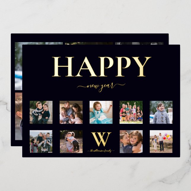 Carte De Vœux En Aluminium Famille Monogramme Nom Photo Collage Happy New (Recto/Verso)