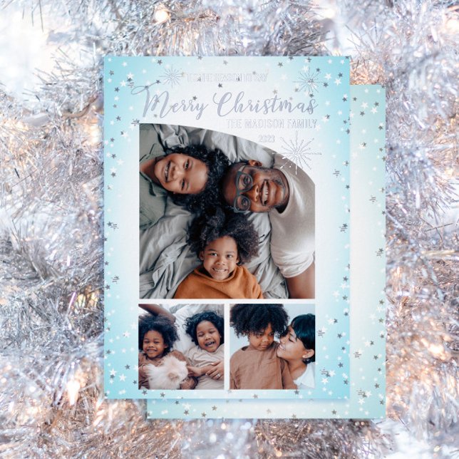 Carte De Vœux En Aluminium Faux Parties scintillant Tapis Top 3 Photo Joyeux  (Here's wishing your family a "Merry Christmas" with this silver foil, tapered-top 3-photo design.)