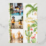 Carte De Vœux En Aluminium Feliz Navidad | Cactus Christmas Photo Collage<br><div class="desc">Souhaitez à vos proches un joyeux Noël avec nos cartes tropicales Feliz Navidad. Palmiers simples aquarelles et cactus incrustés dans des lumières festives. Trois photos collage sur le devant avec photo encadrée complète sur le dos et votre message personnalisé. Ajoutez votre libellé personnalisé à cette conception à l'aide des cases...</div>