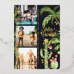 Carte De Vœux En Aluminium Feliz Navidad | Cactus Christmas Photo Collage<br><div class="desc">Souhaitez à vos proches un joyeux Noël avec nos cartes tropicales Feliz Navidad. Palmiers simples aquarelles et cactus incrustés dans des lumières festives. Trois photos collage sur le devant avec photo encadrée complète sur le dos et votre message personnalisé. Ajoutez votre libellé personnalisé à cette conception à l'aide des cases...</div>