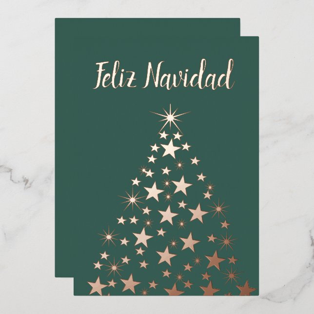 Carte De Vœux En Aluminium Feliz Navidad Christmas Tree Stars Or Rose (Recto/Verso)