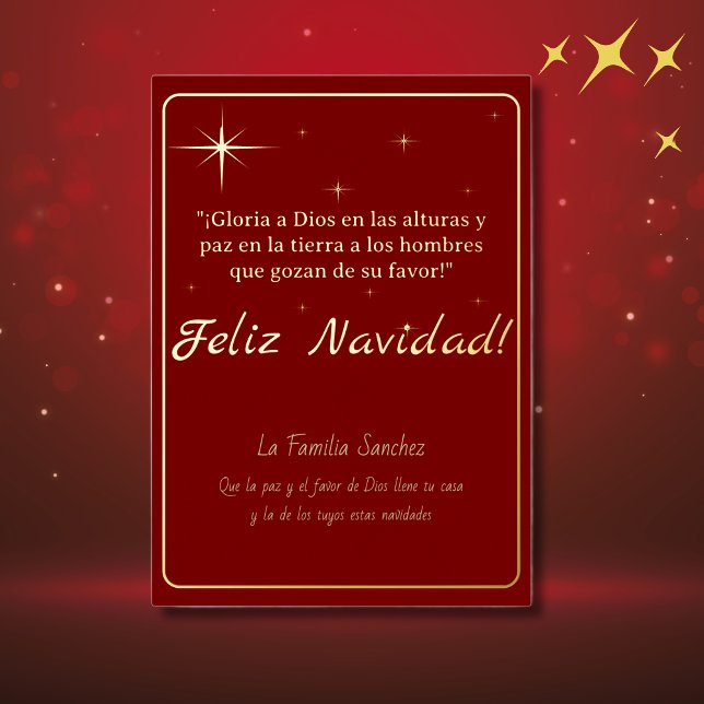 Carte De Vœux En Aluminium Feliz Navidad Golden & Red Luke 2:14 Verse (Spanish Foil Christmas card red, Spanish bible verse & custom family name)