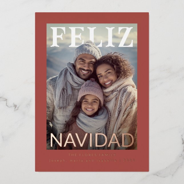 Carte De Vœux En Aluminium Feliz Navidad Modern Snowflake Photo (Recto)