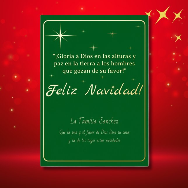Carte De Vœux En Aluminium Feliz Navidad Or & Vert Luc 2:14 Verset (Spanish Foil Christmas card Green, Spanish Luke 2:14 bible verse. custom text, family name etc)