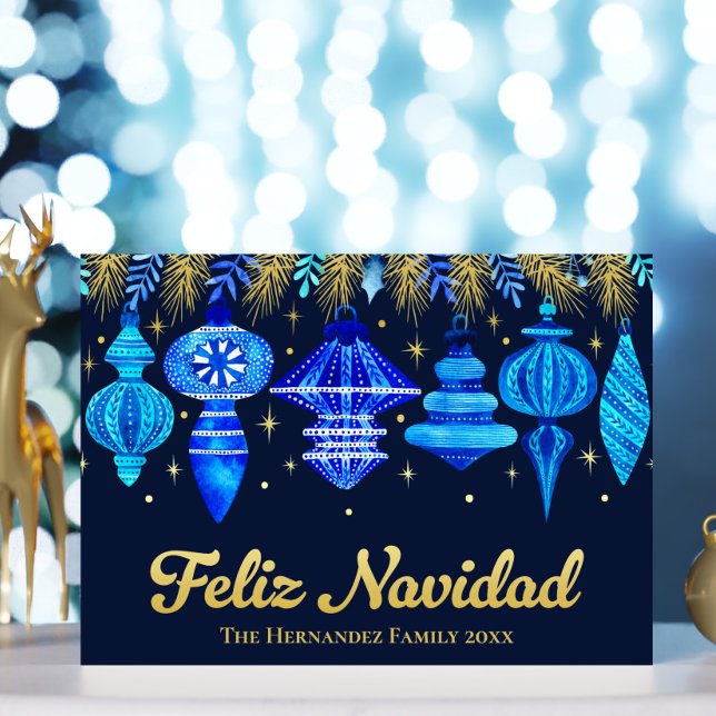 Carte De Vœux En Aluminium Feliz Navidad Ornements Marine Aquarelle bleue (Feliz Navidad Ornaments Navy Blue Watercolor Foil Holiday Card)