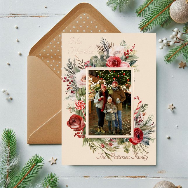 Carte De Vœux En Aluminium Feliz Navidad Photo Floral Foil Espagnol (Créateur téléchargé)