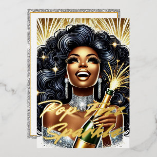 Carte De Vœux En Aluminium Femme Noire Glamour Ouvrant une Bouteille de Champ