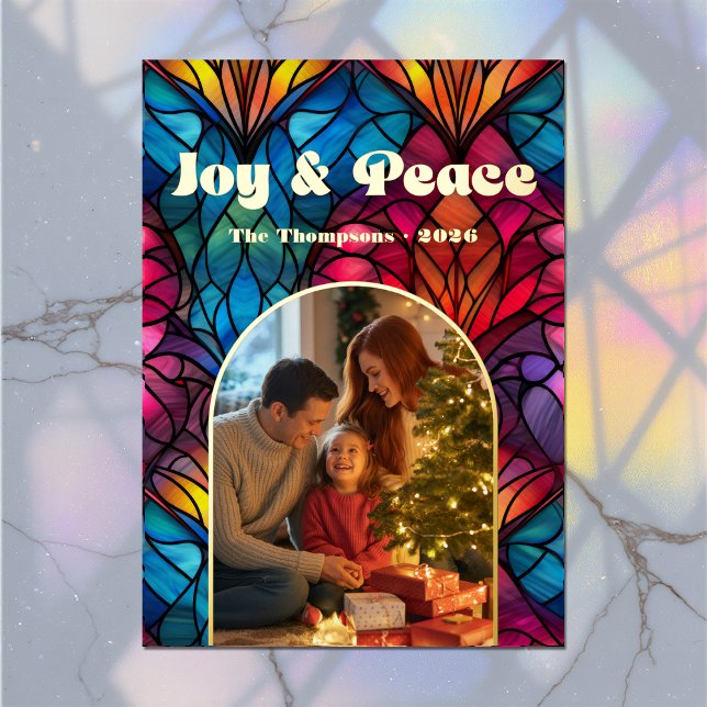 Carte De Vœux En Aluminium Fenêtre de vitrail Joyeux Noël Photo (Joy & Peace Stained Glass Window Christmas Photo Foil Holiday Card)