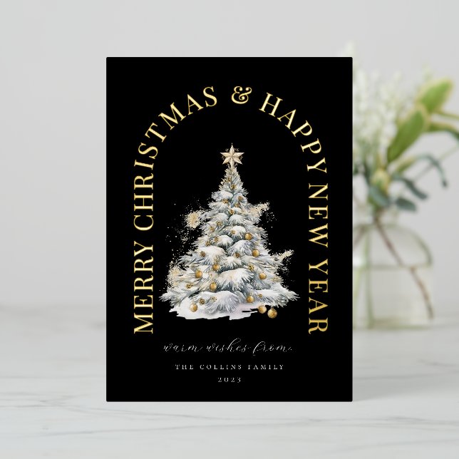 Carte De Vœux En Aluminium Festif Snowy Christmas Tree Modern Black (Debout devant)