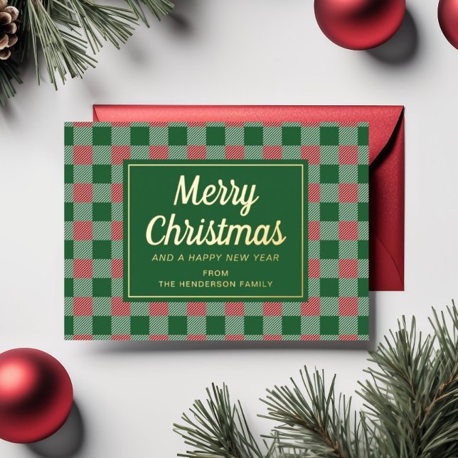 Carte De Vœux En Aluminium Festif Vert Plaid Gold de Noël (Festive Green Plaid Christmas Gold Foil Holiday Card)