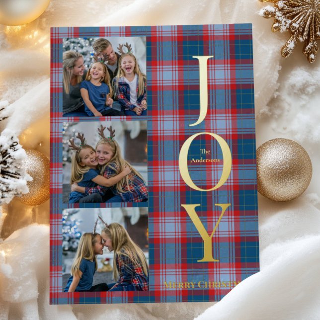 Carte De Vœux En Aluminium Festive Bleu Buffalo Plaid 3 Photos Noël (Créateur téléchargé)