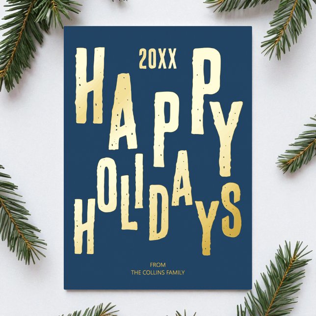 Carte De Vœux En Aluminium Festive bleu moderne Joyeux Noël (Modern Blue Festive Happy Holidays Christmas Foil Holiday Card)