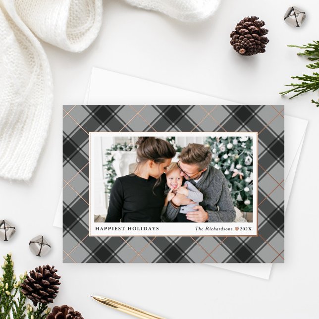 Carte De Vœux En Aluminium Festive Gray and Rose Gold Tartan Plaid Photo (Créateur téléchargé)