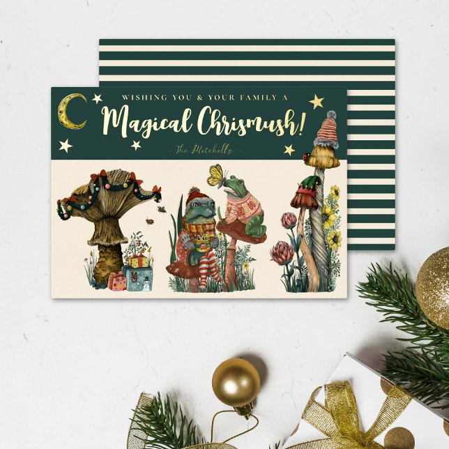 Carte De Vœux En Aluminium Festive Green Magical Mushroom Joyeux Noël Pour (Whimsical green and gold mushroom and frog christmas cards)