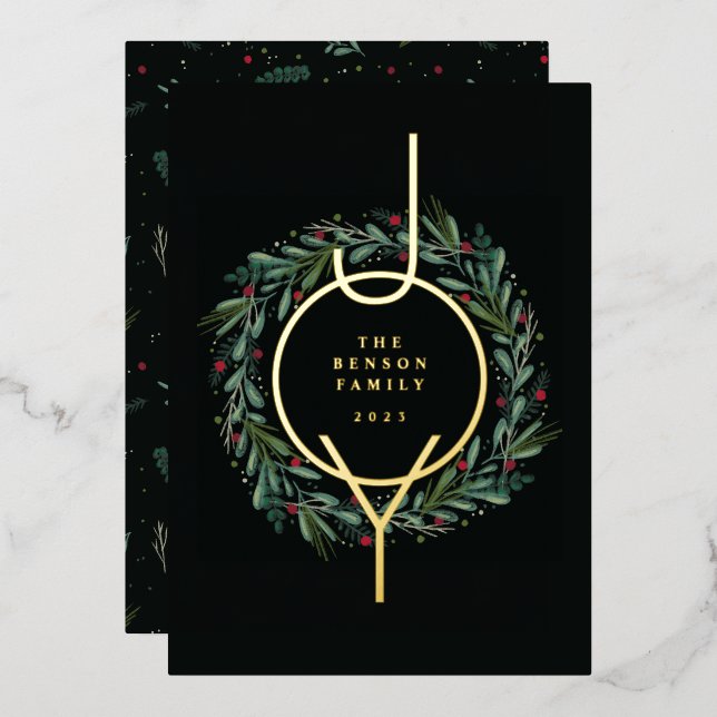 Carte De Vœux En Aluminium Festive JOY Noël Wreath Feuilles Berries (Recto/Verso)