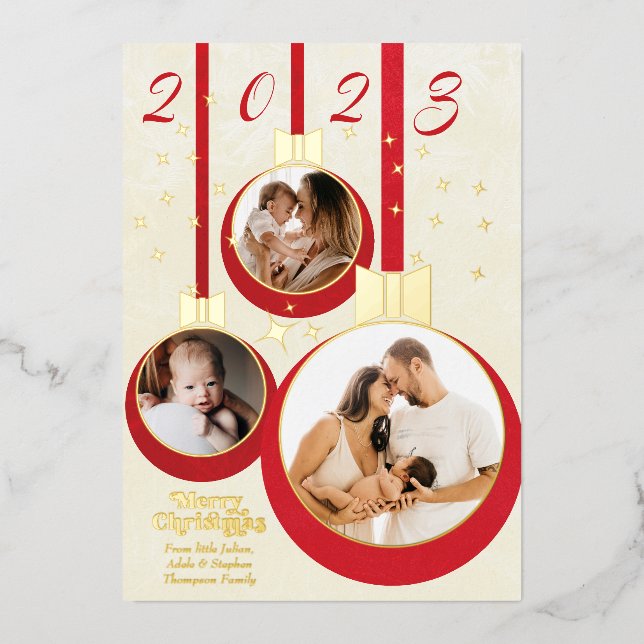 Carte De Vœux En Aluminium Festive Red Our First Christmas 3 Photo Collage (Recto)