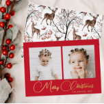 Carte De Vœux En Aluminium Festive Red Winter Deer Pattern Two Photo<br><div class="desc">Festive Christmas greeting features a rustic winter deer and berries watercolor holiday pattern on the back,  and a classic red front with beautiful real foil script and two photos.</div>