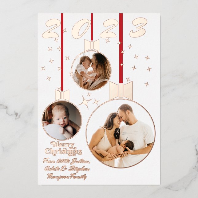 Carte De Vœux En Aluminium Festive Rouge Blanc Premier Noël 3 Photo Collage (Recto)