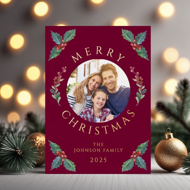 Carte De Vœux En Aluminium Festive Rouge Botanique Photo Foyer de Noël (Festive Red Botanical Photo Christmas Foil Foil Holiday Card)