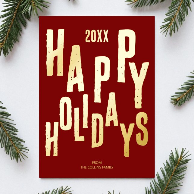 Carte De Vœux En Aluminium Festive rouge moderne Joyeuses fêtes Noël (Modern Red Festive Happy Holidays Christmas Foil Holiday Card)