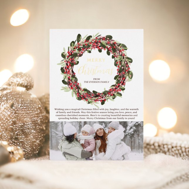 Carte De Vœux En Aluminium Fête de la couronne d'or de Noël (Flourish Wreath festive gold photo Christmas Foil Holiday Card)