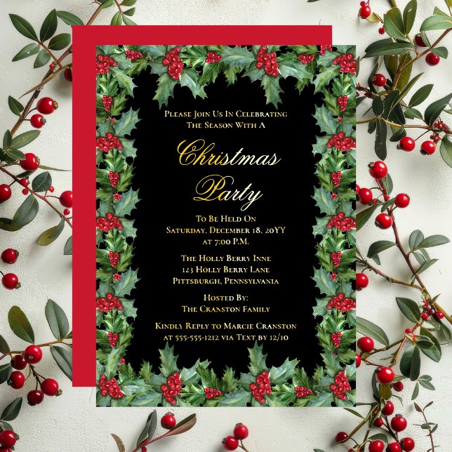 Carte De Vœux En Aluminium Fête de Noël Elegant Holly et Berries (Elegant Holly and Berries Frame Christmas Party Gold Foil Holiday Invitation)